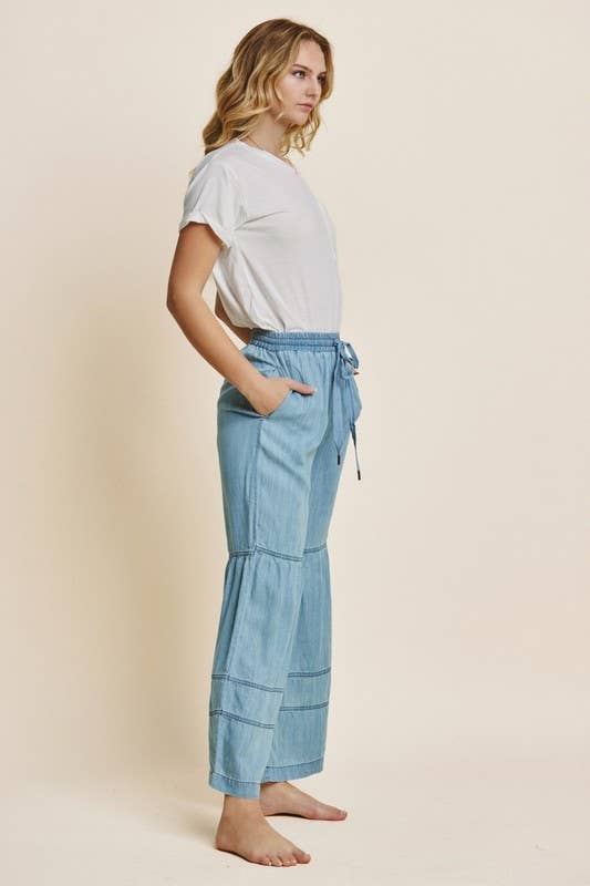 Plus Washed Denim Tiered Wide Leg Pants