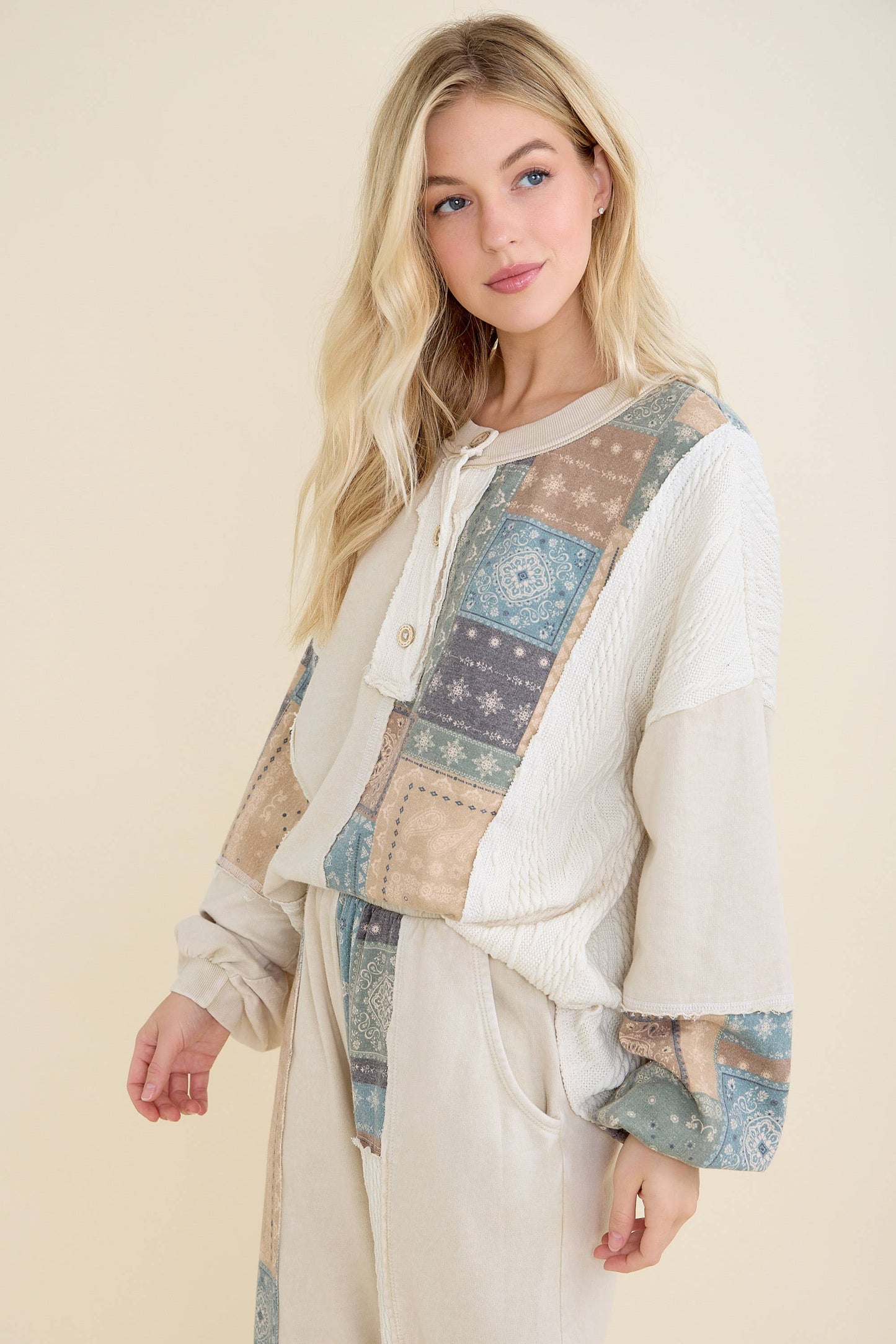 Mineral Washed Bandana Patchwork  Sweater Top