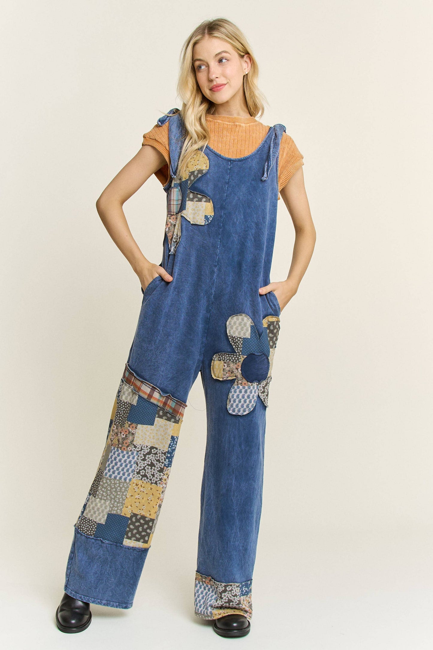 Mineral Washed Daisy Patchwork Tie Jumpsuit