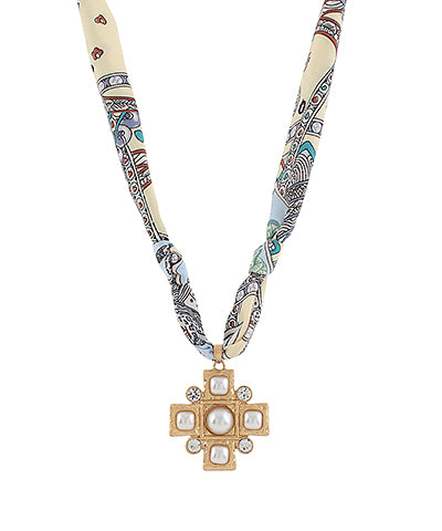 Geometric Cross Pendant Scarf Necklace
