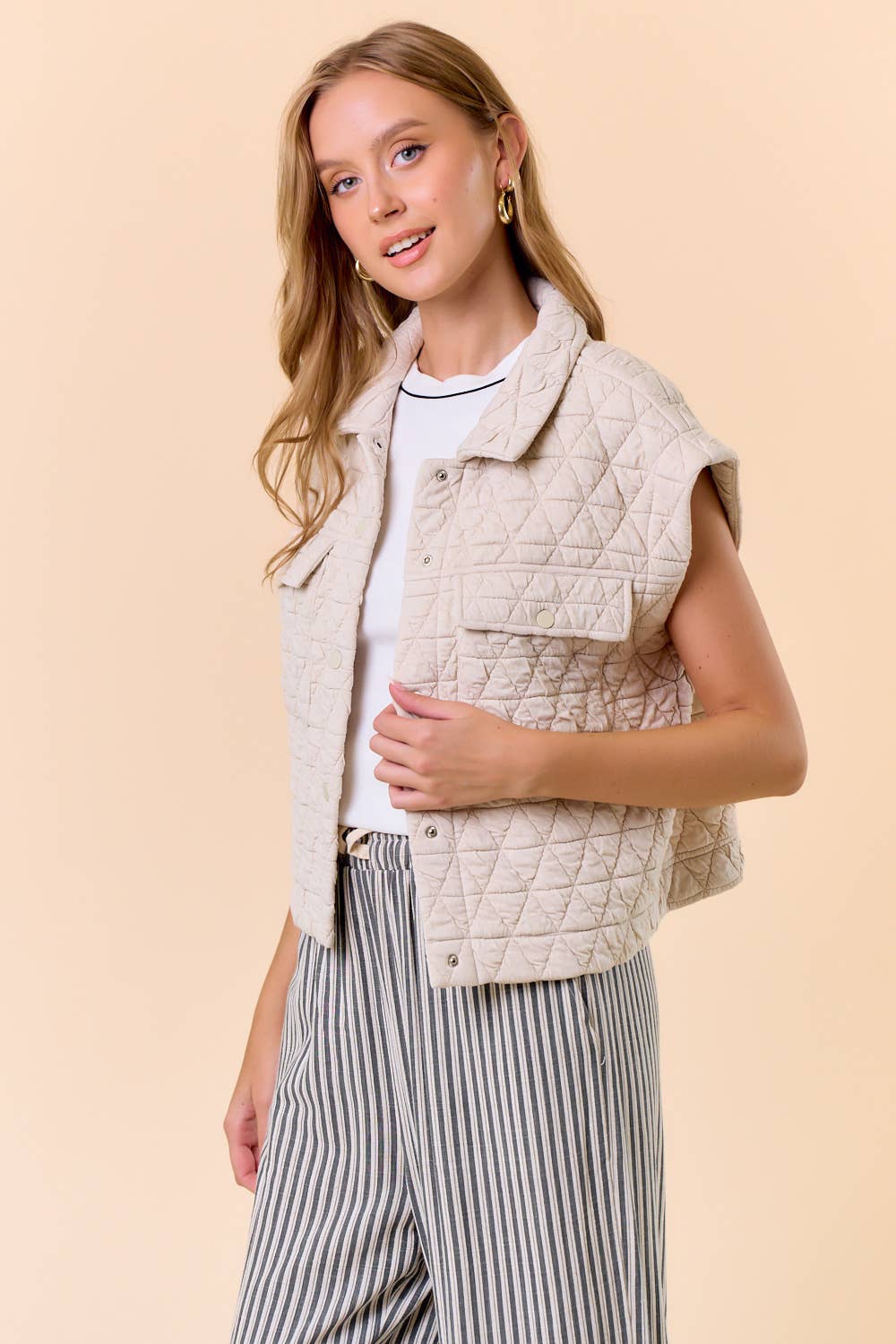QUILTED POINT COLLAR FLAP PATCHED POCKET VEST