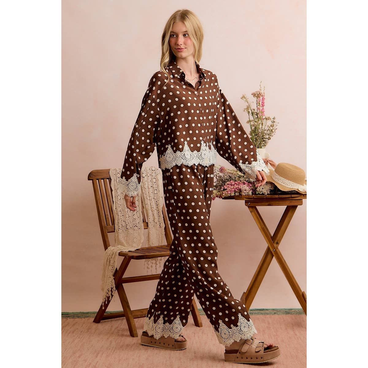 POLKA DOT WOVEN CROCHET LACE PANTS SET
