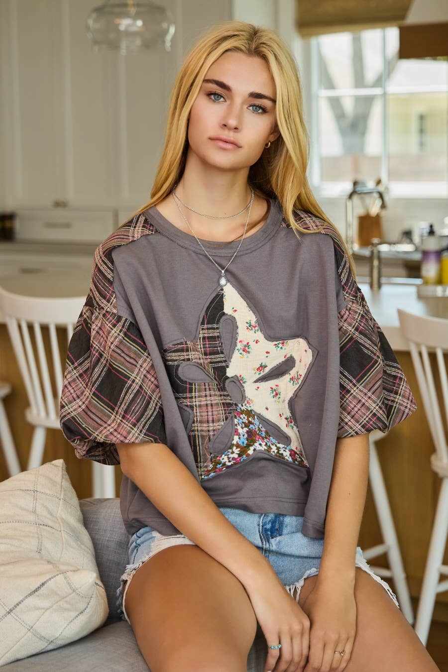 Print Mixed Fabric French Terry Top