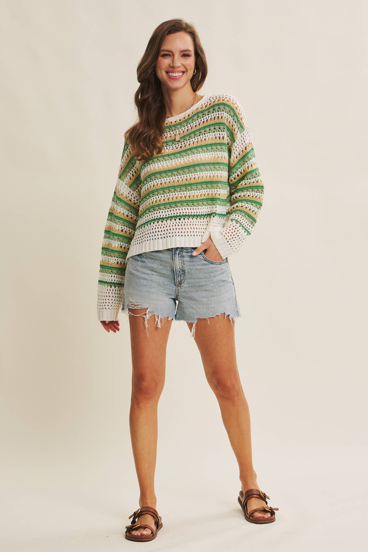 MULTI STRIPE GREEN CROCHET SWEATER TOP