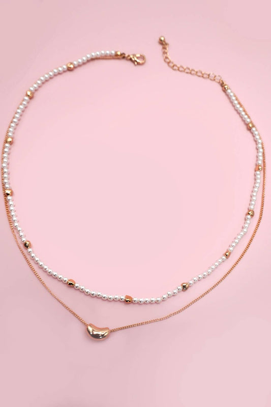 DOUBLE LAYER PEARL GOLD CHAIN BEAN CHARM NECKLACE