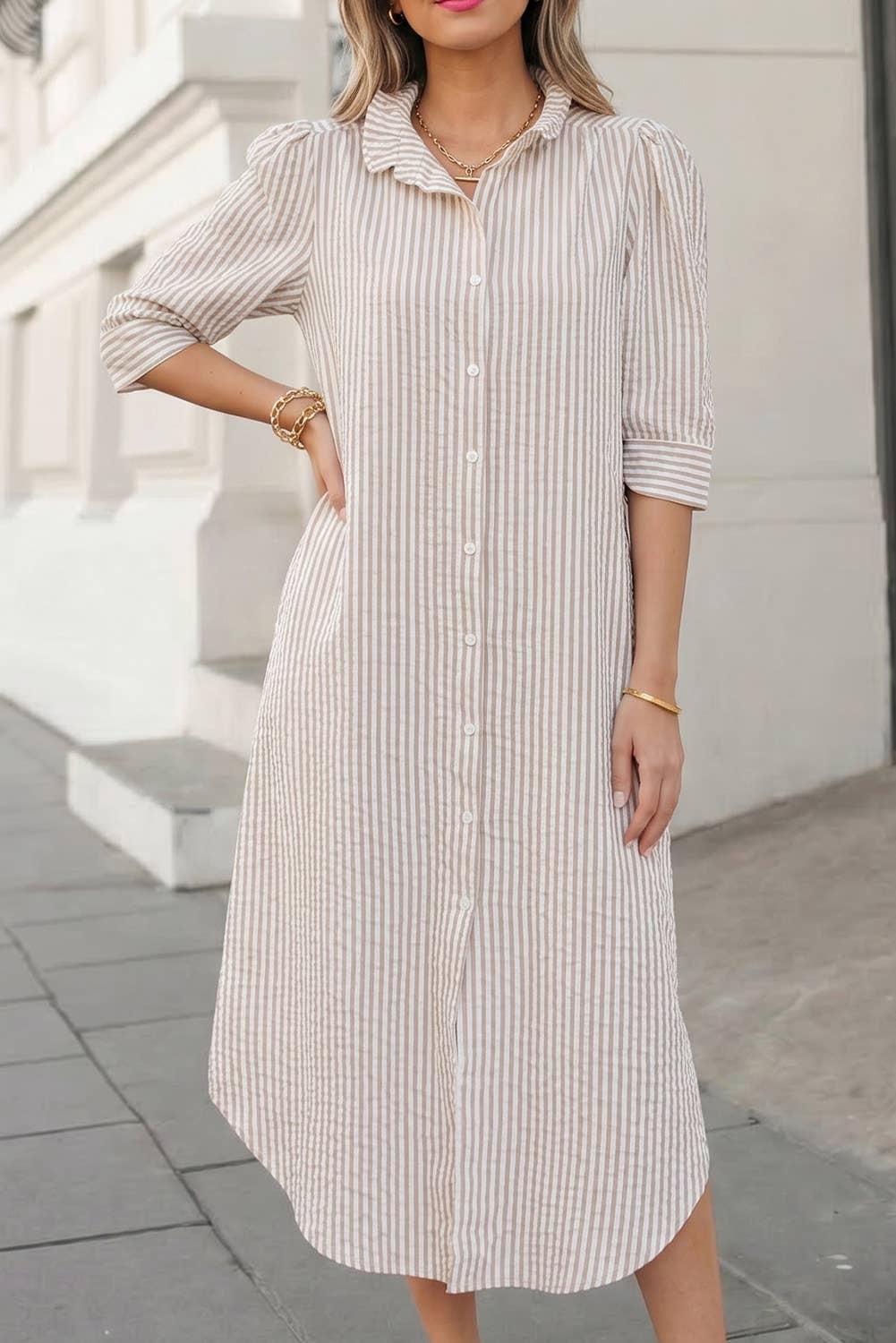 Stripe Frilled Collar Shirt Dress