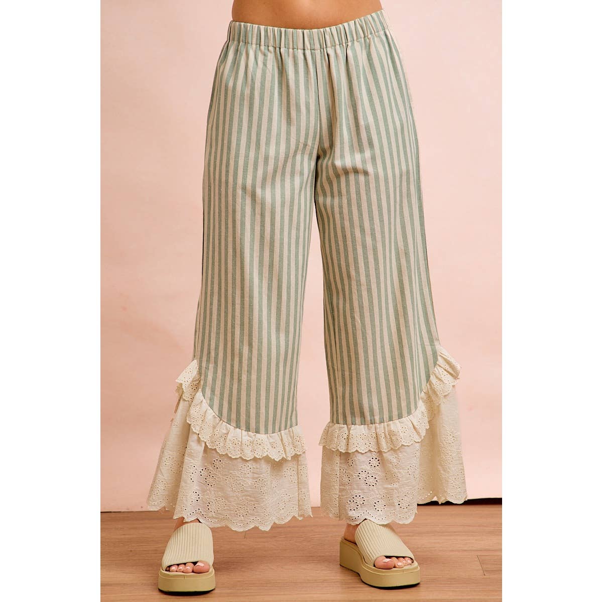 STRIPE WOVEN RUFFLED LACE HEM PANTS WITH SIDE POCKET
