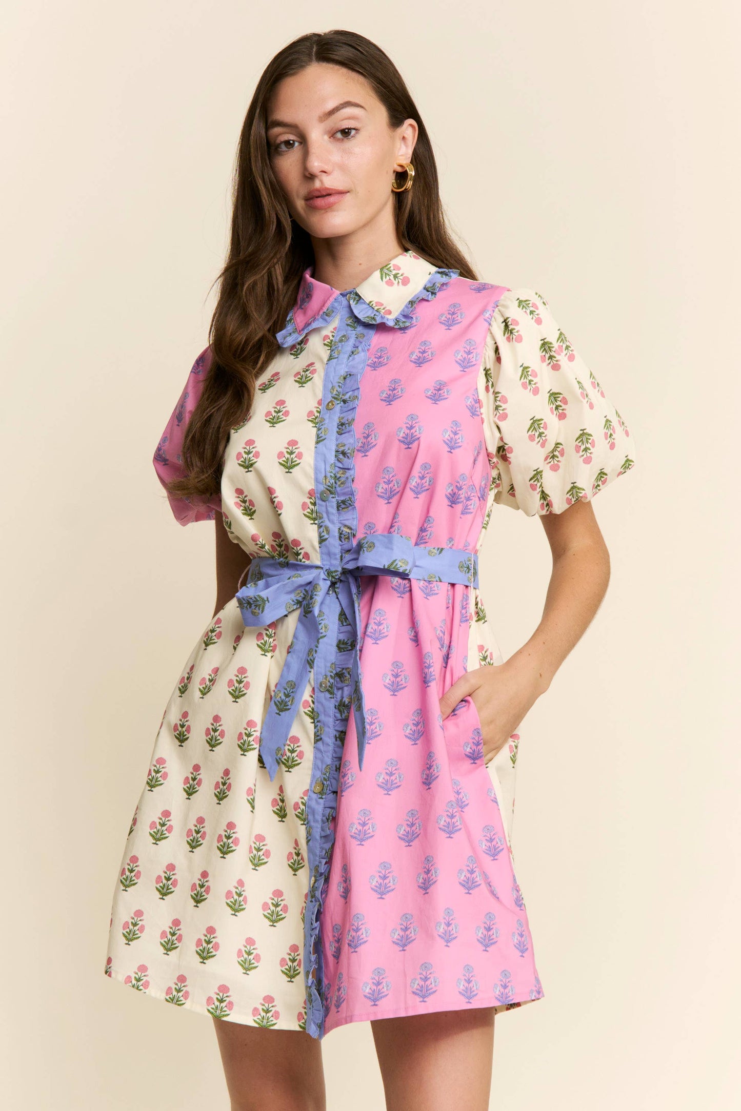FLORAL PRINT COLOR BLOCK DRESS