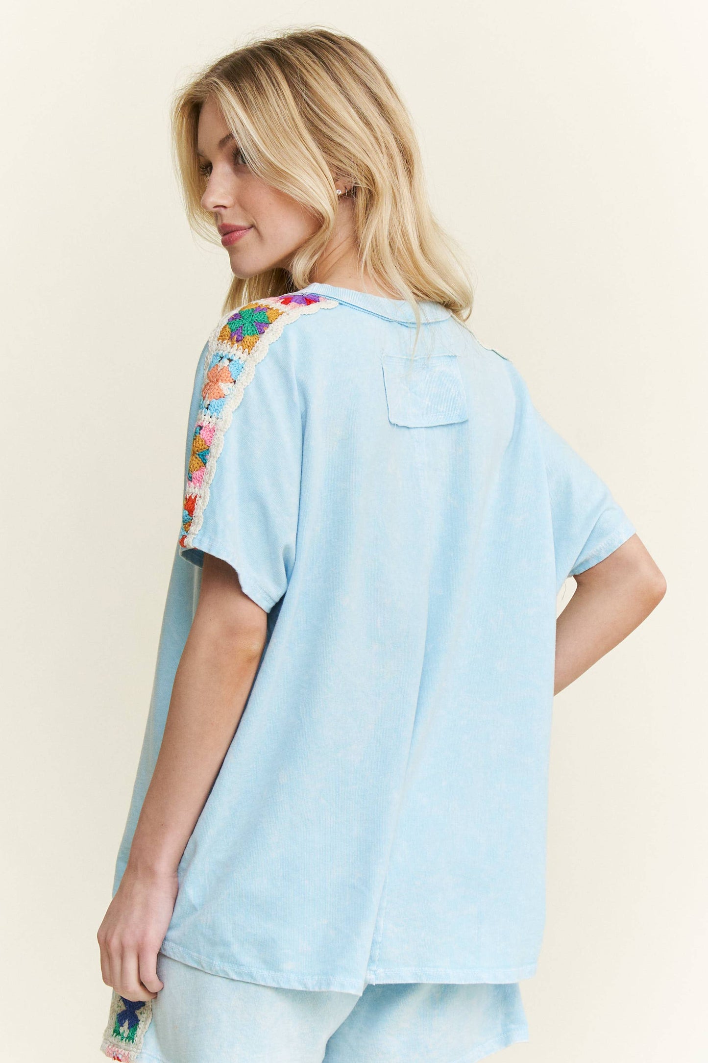 Mineral Washed Crochet Side Trim Top