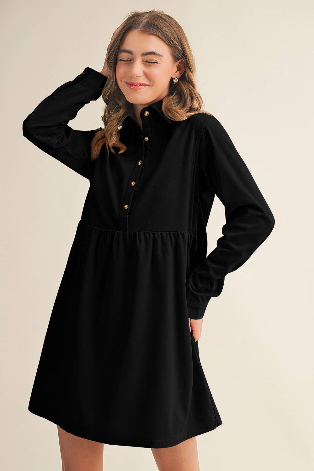 Corduroy Half Button Collared Long Sleeve Mini Dress