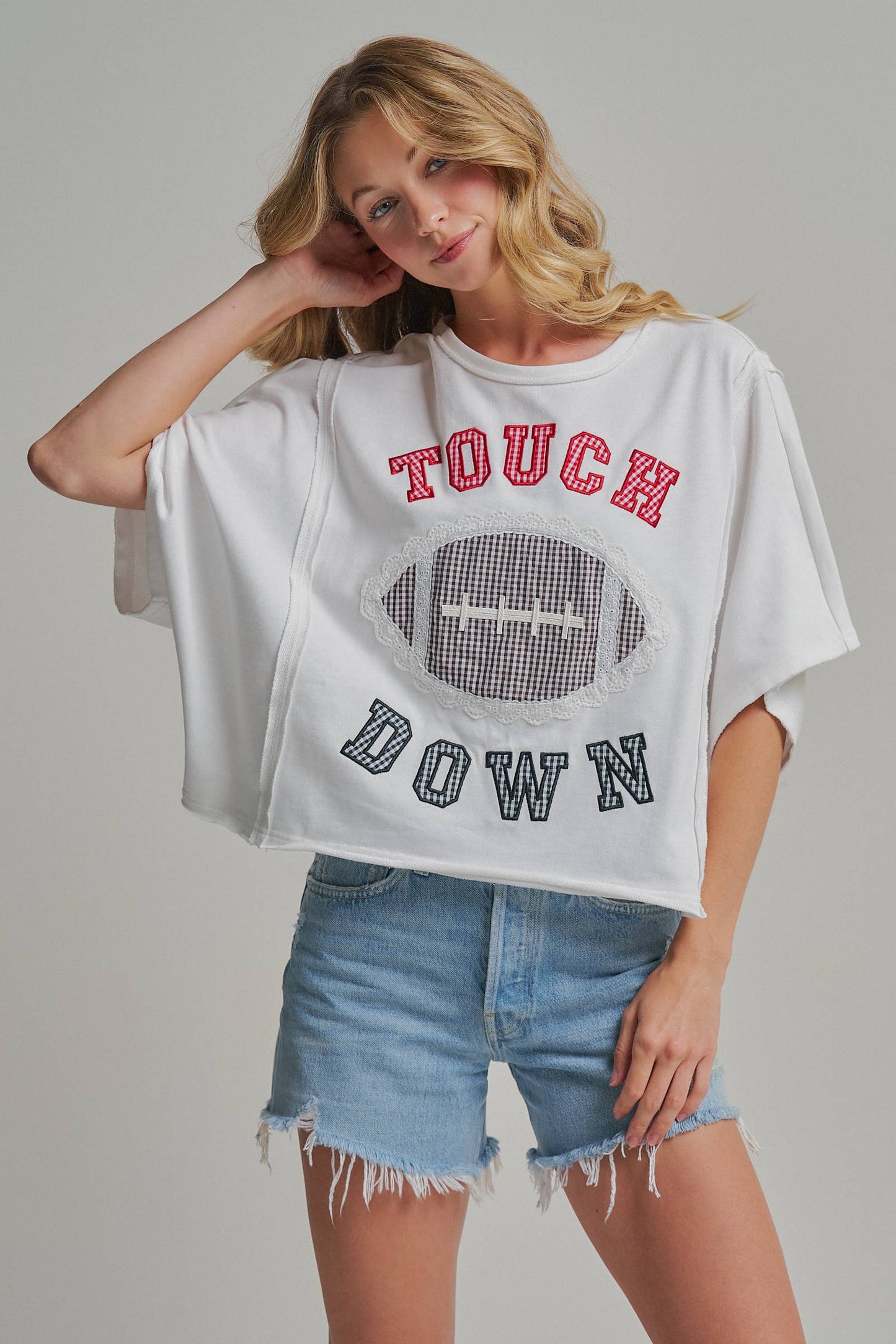 TOUCHDOWN LETTER PATCH GAMEDAY KNIT TOP
