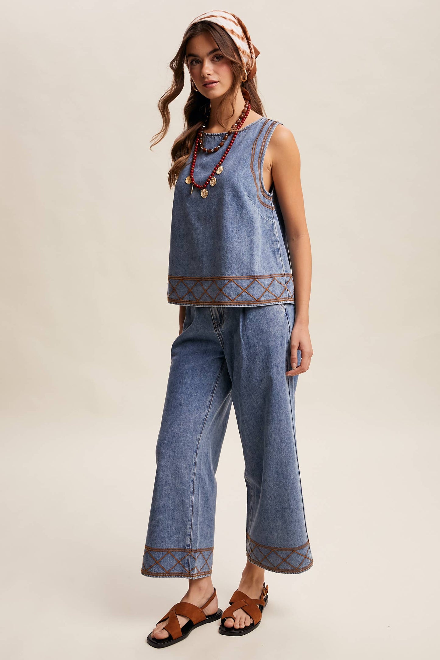 Embroidered Denim Tank & Wide-Leg Pants Set