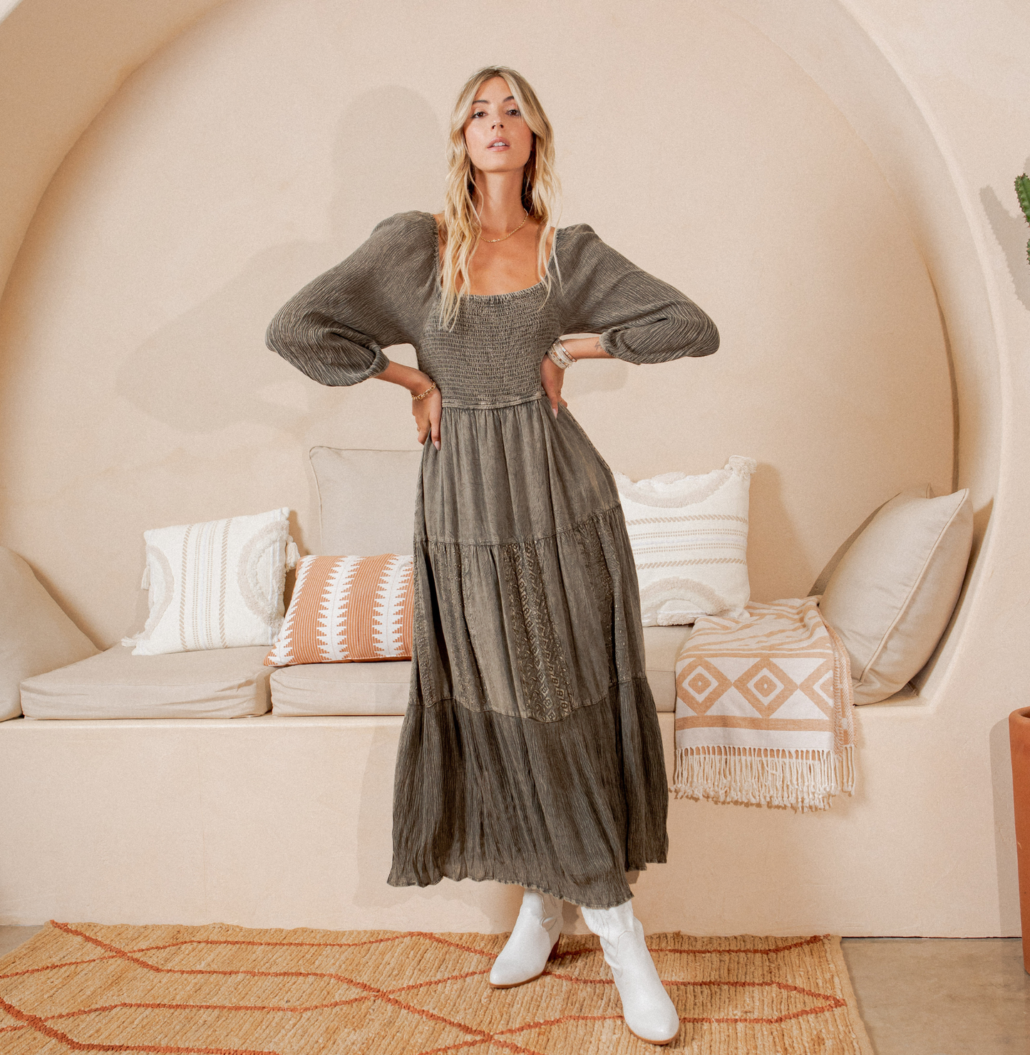 Embroidered Empire Mid-Length Dress