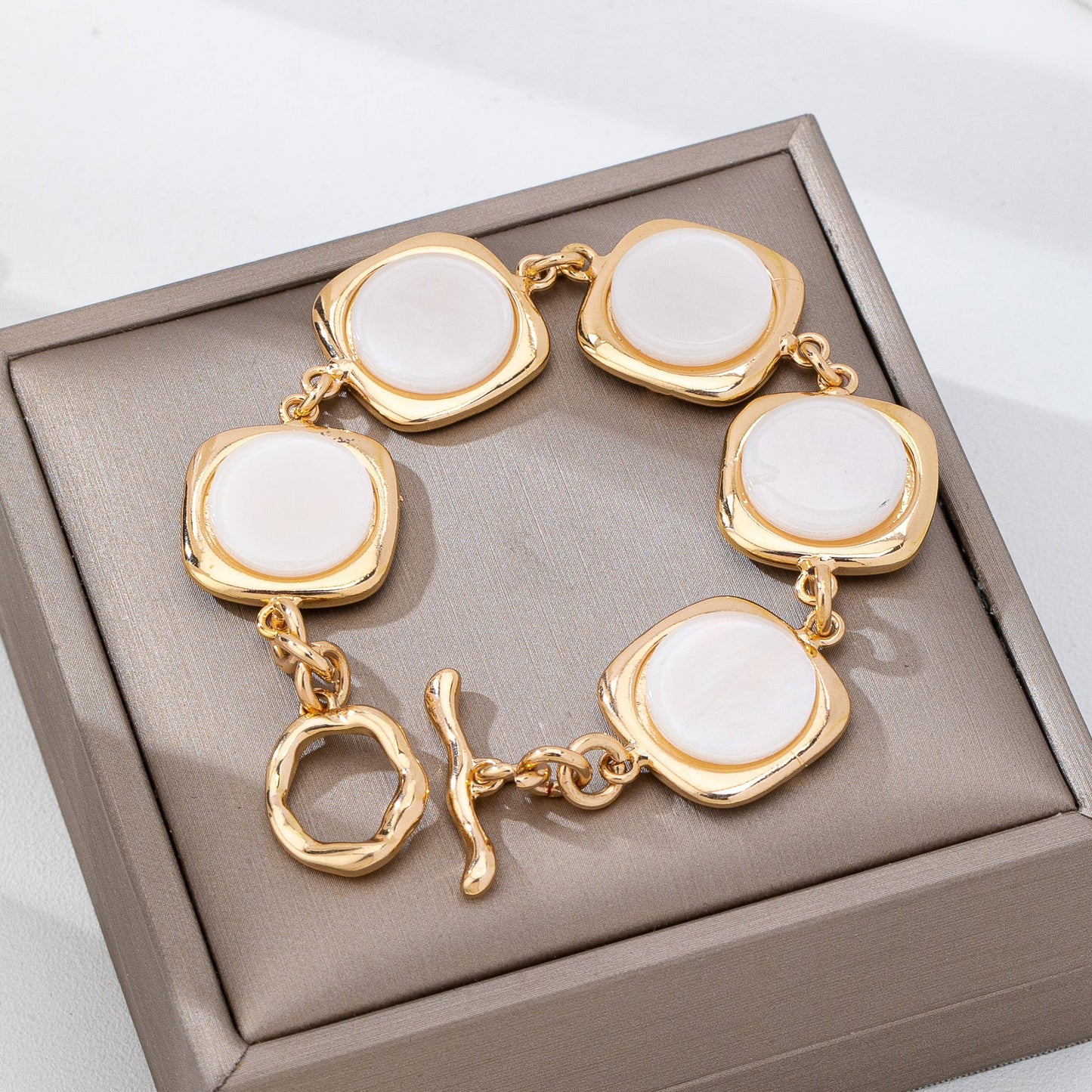 White Pearly Inlay Square Link Bracelet
