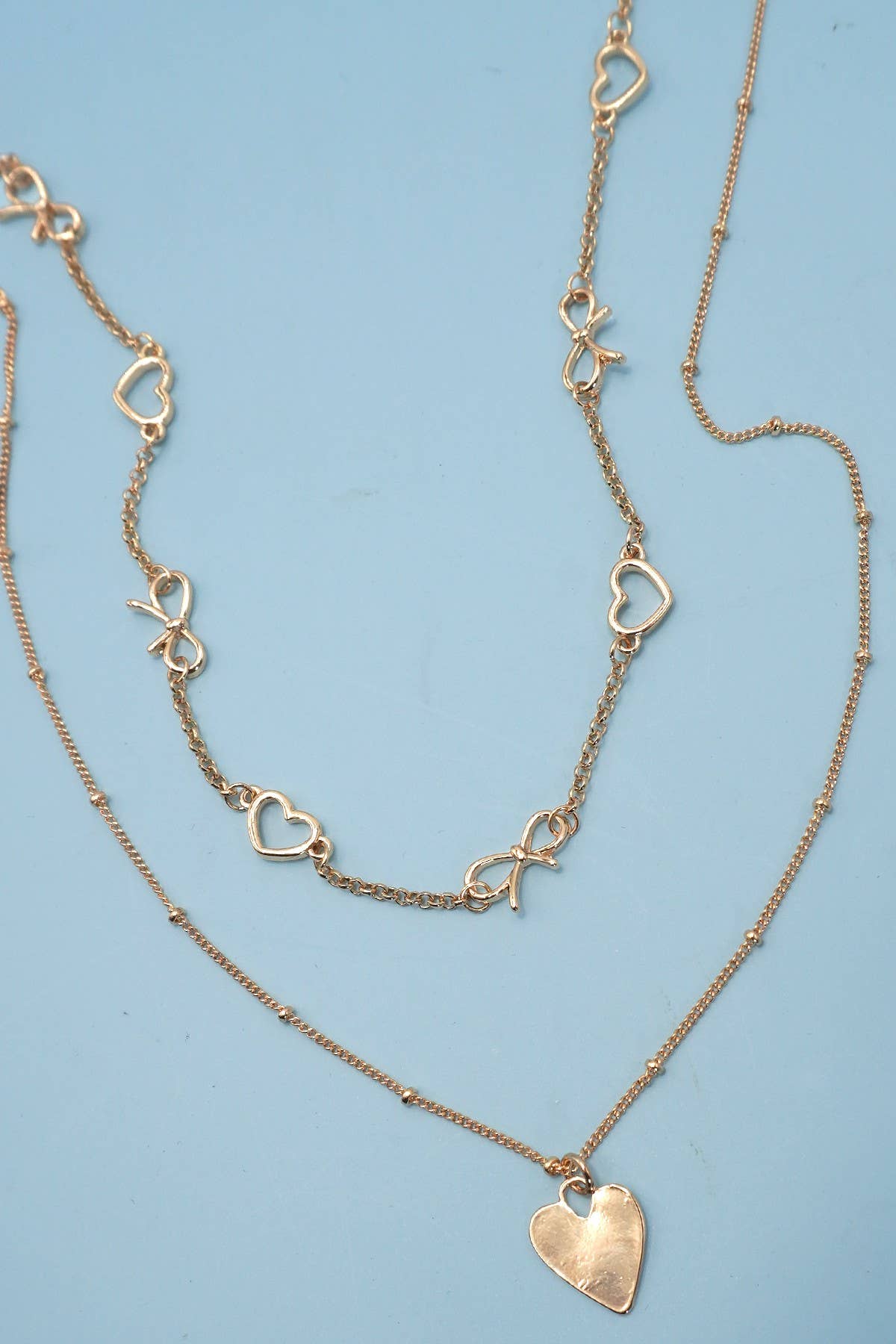 BOW HEART STATION DOUBLE LAYER HEART NECKLACE