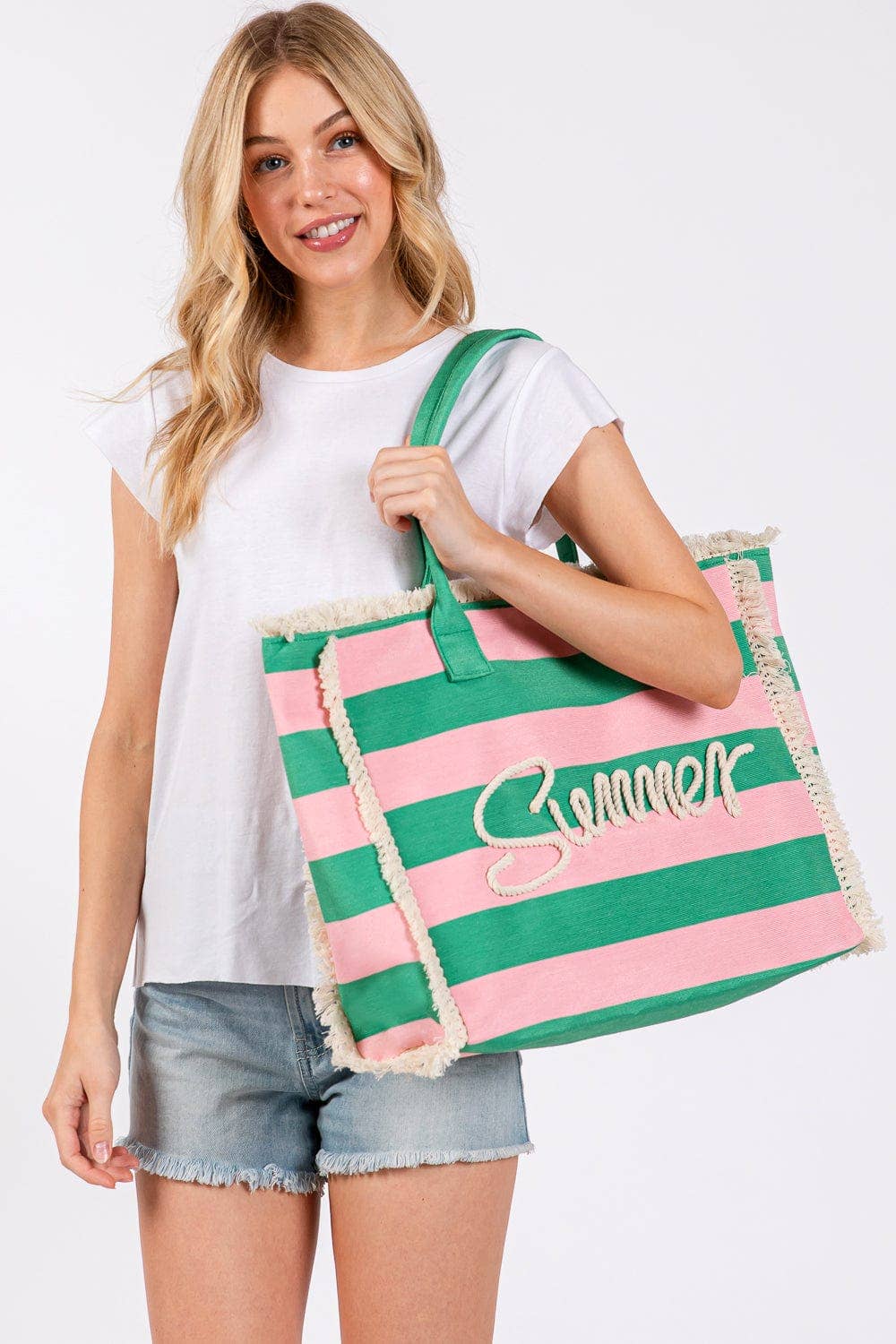 Summer Fringe Striped Tote Bag