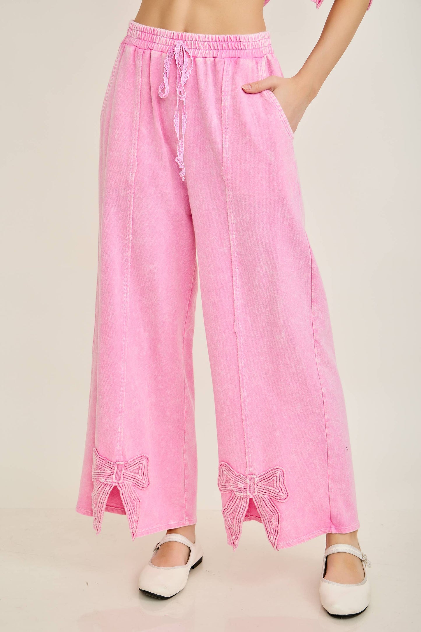Mineral Washed Cute Bow trim Slit Pants