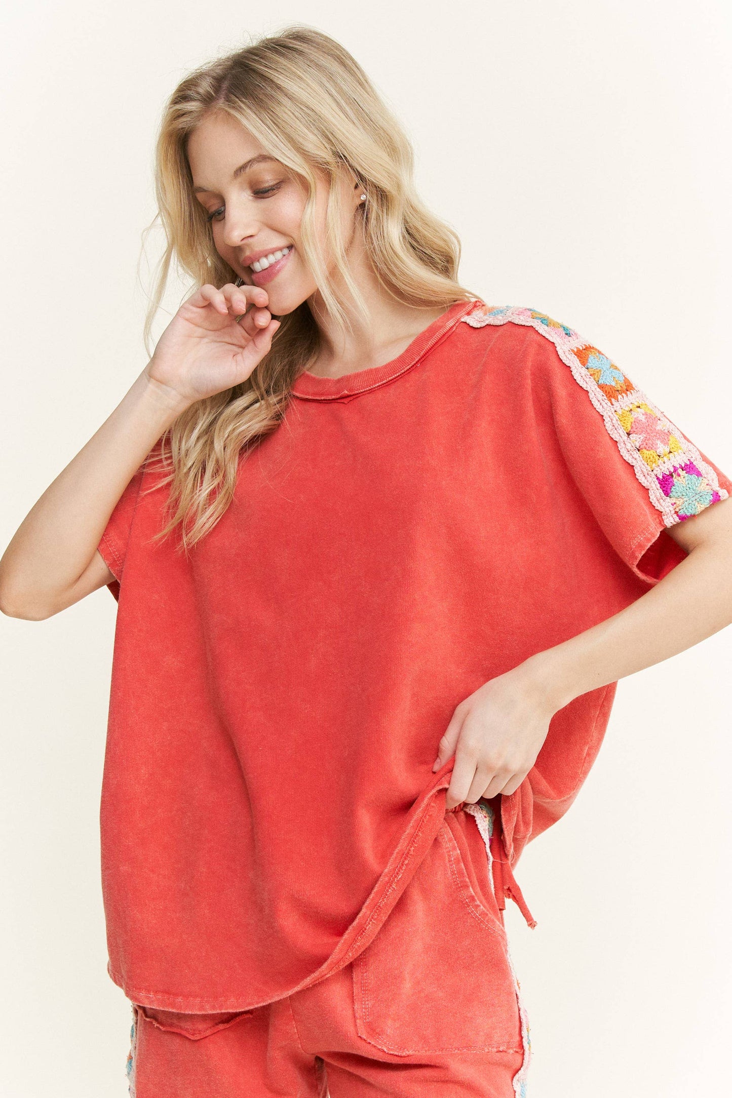 Mineral Washed Crochet Side Trim Top