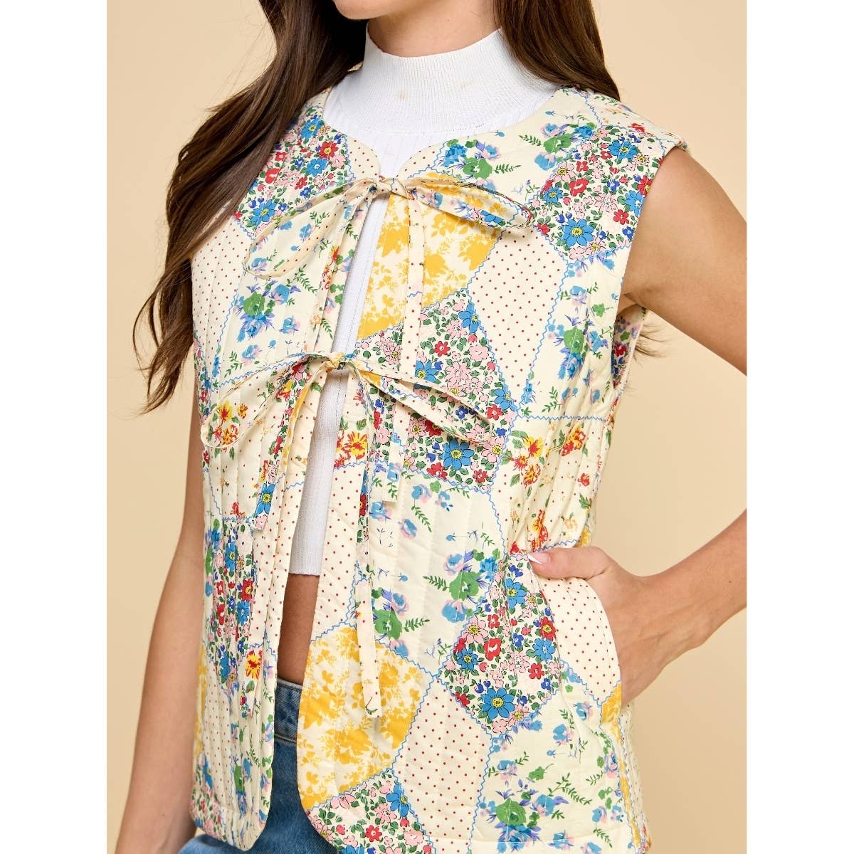 Multi Flower Quilted Vest with Front Ribbon