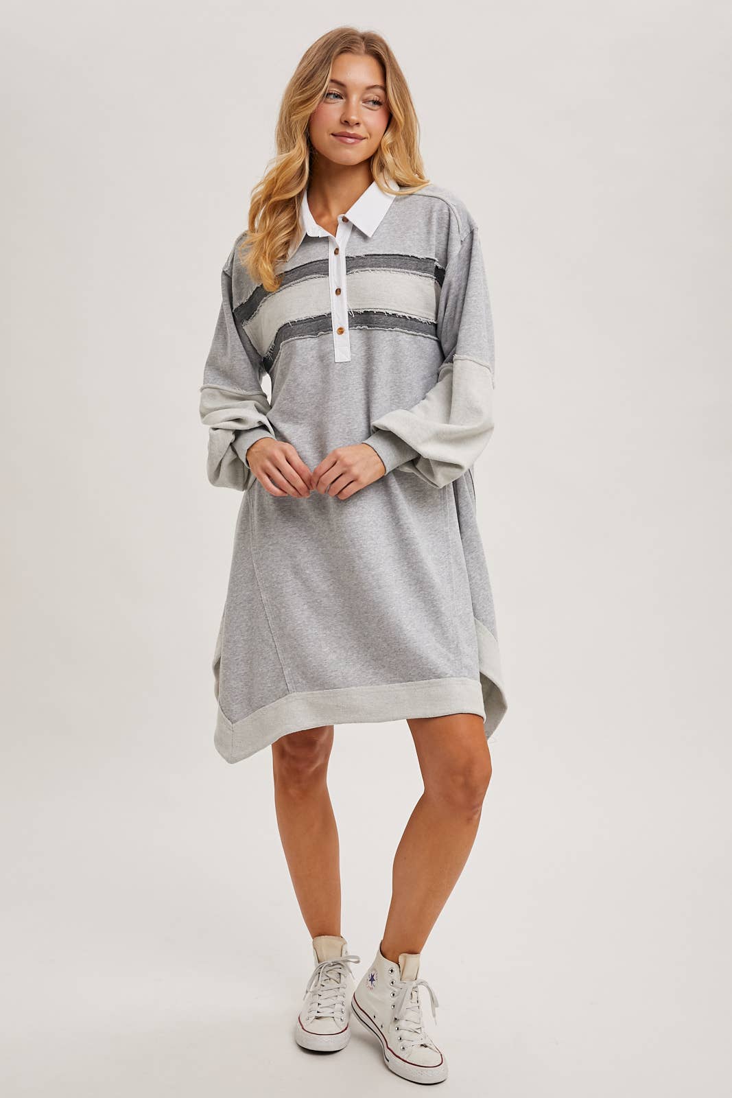 RAW-EDGE CONTRAST SLOUCHY POLO DRESS