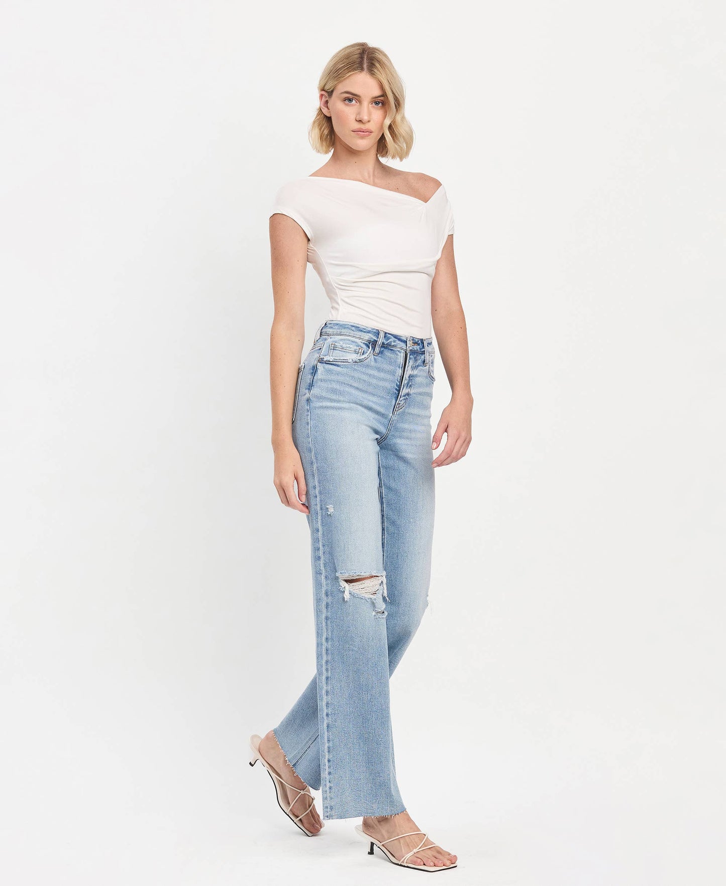 HIGH RISE CLEAN CUT RAW HEM WIDE LEG JEANS