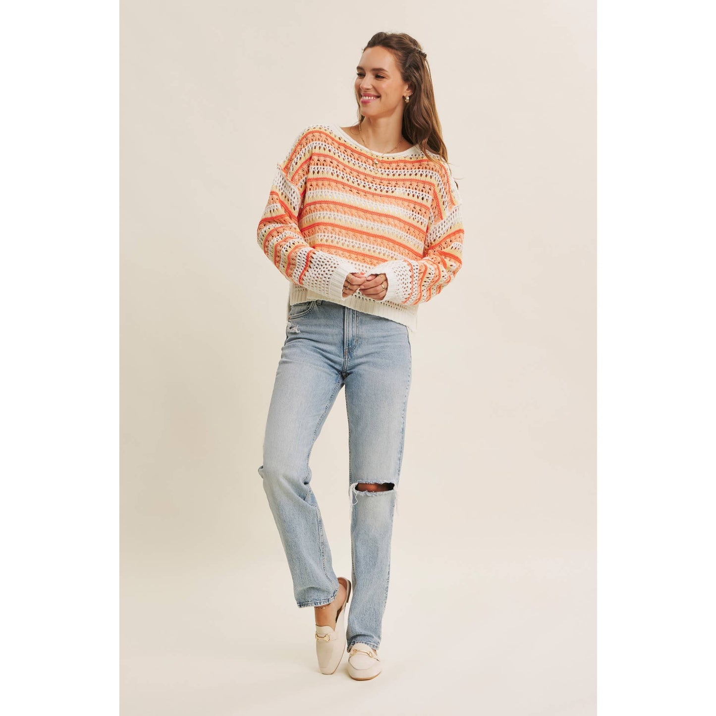 MULTI STRIPE GREEN CROCHET SWEATER TOP