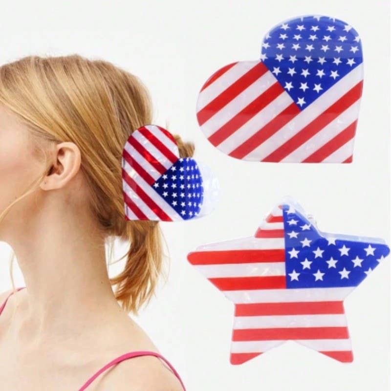 USA FLAG 4TH OF JULY STAR HEART HAIR CLAW  CLIPS