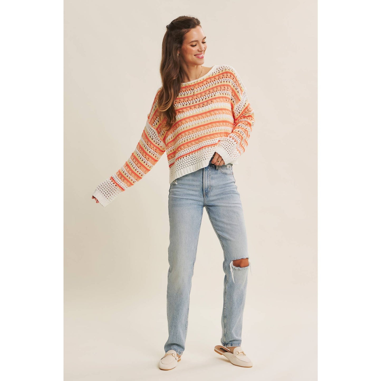 MULTI STRIPE GREEN CROCHET SWEATER TOP