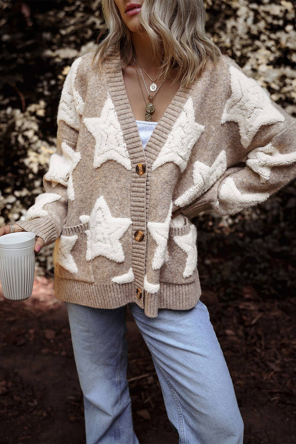 Star Pattern * Pockets Long Sleeve Knit Cardigan
