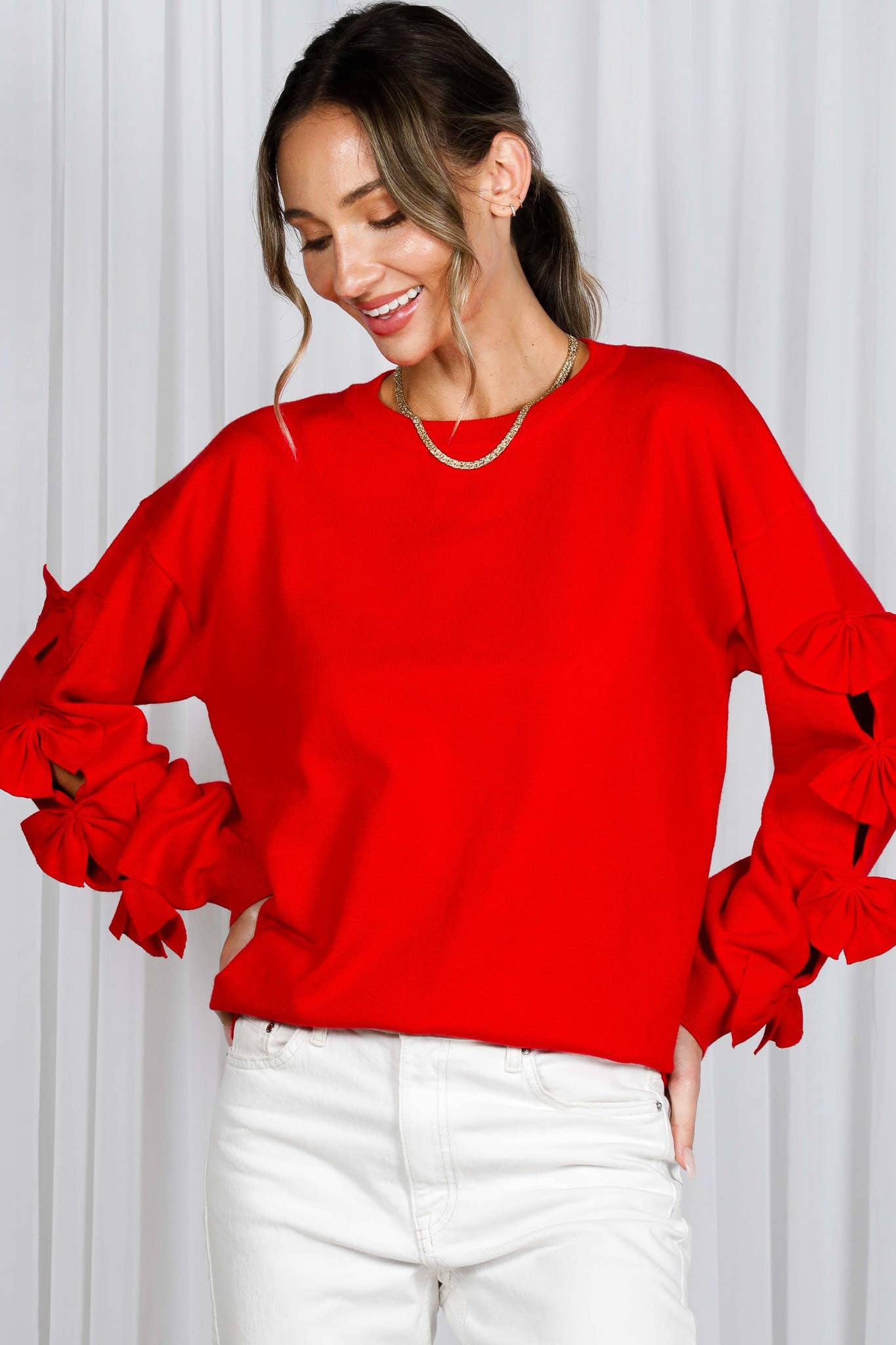 Bow Embellished Crew Neck Knit Sweater