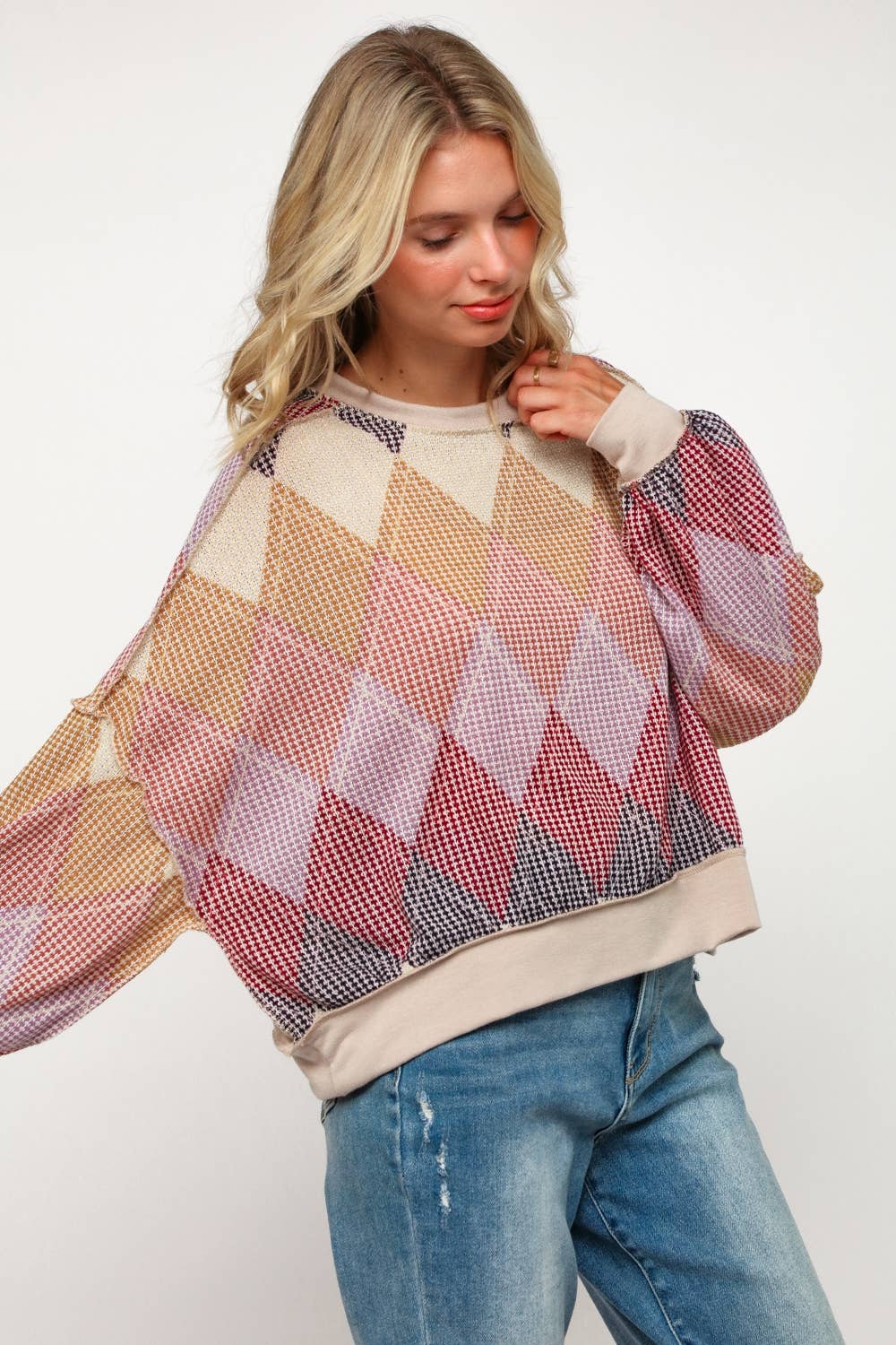 ARGYLE PRINT OVERSIZED LONG SLEEVE KNIT TOP