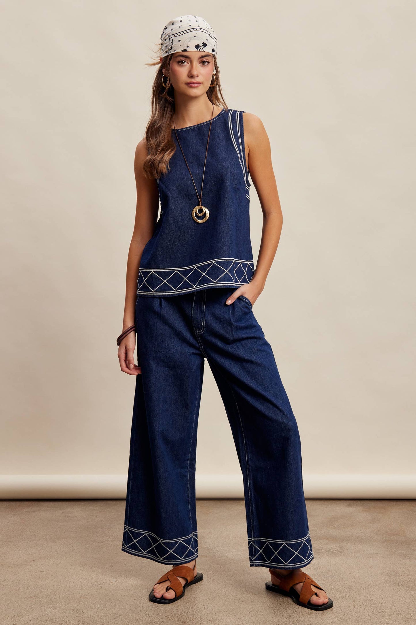 Embroidered Denim Tank & Wide-Leg Pants Set