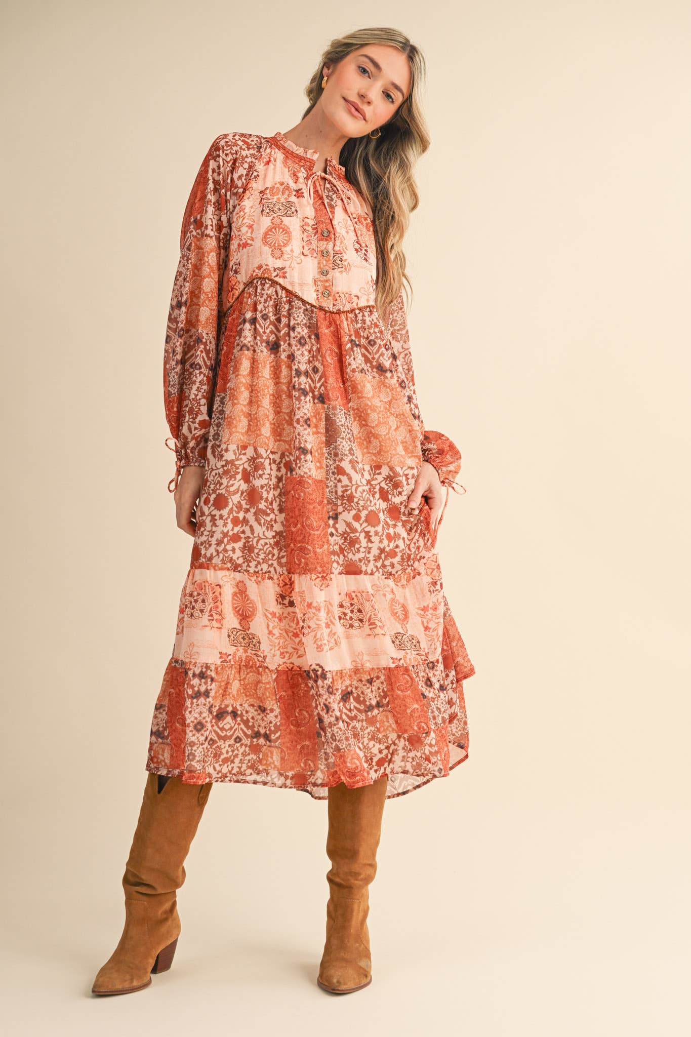 PATCHWORK PRINT MIDI DRESS