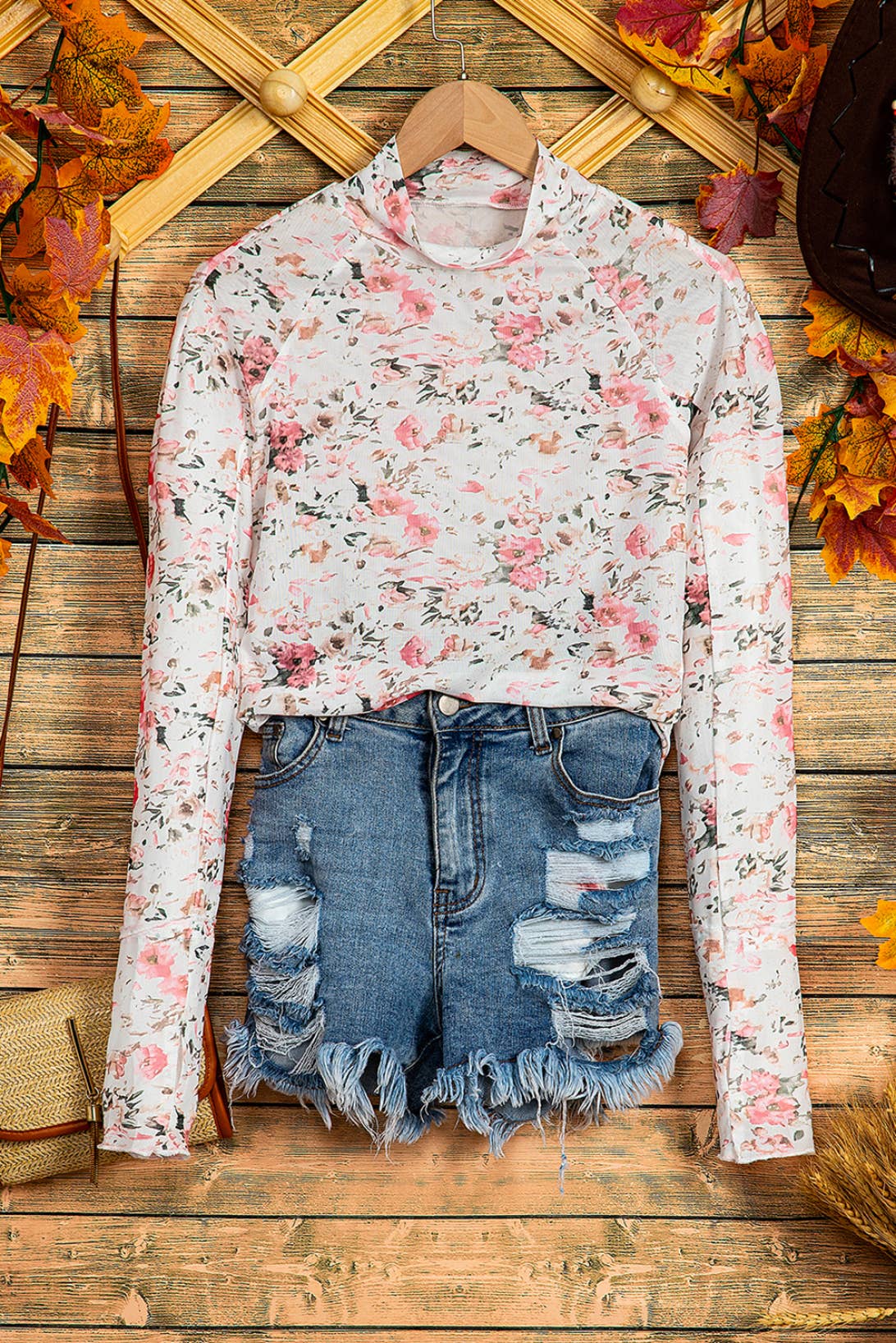 Sassy Floral Mock Neck Mesh Long Sleeve Blouse | S-XL