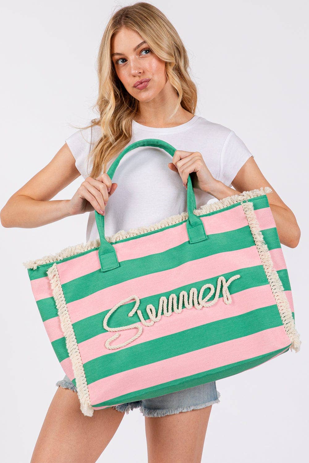 Summer Fringe Striped Tote Bag