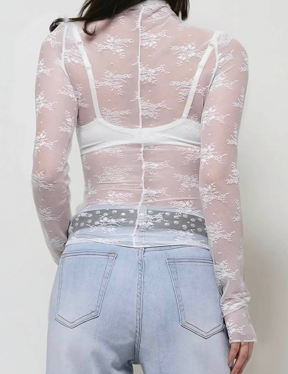 Floral Lace See Through Mesh Top Blouse