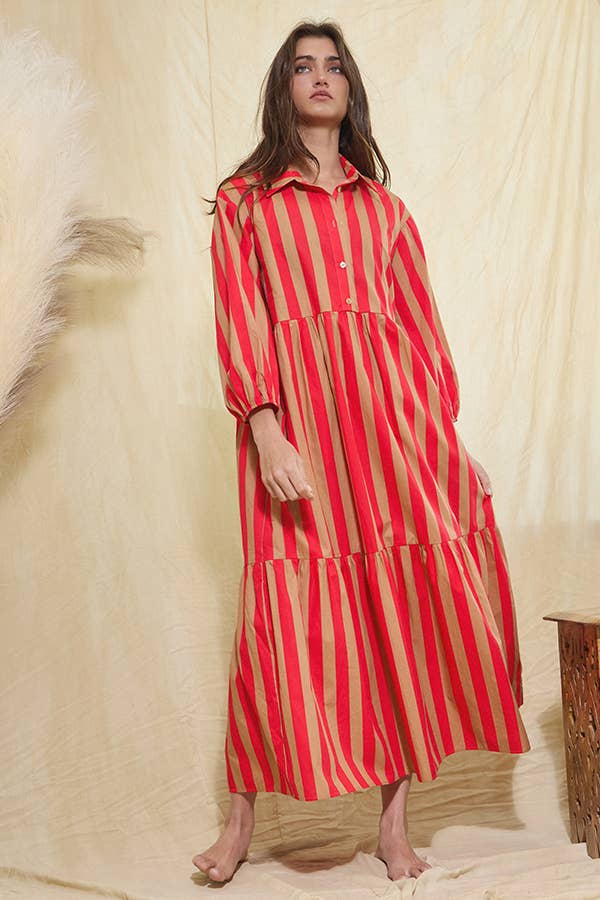 Striped Print Tiered Midi Shirt Dress