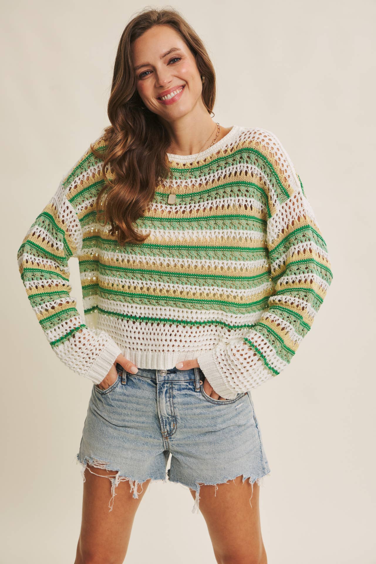 MULTI STRIPE GREEN CROCHET SWEATER TOP