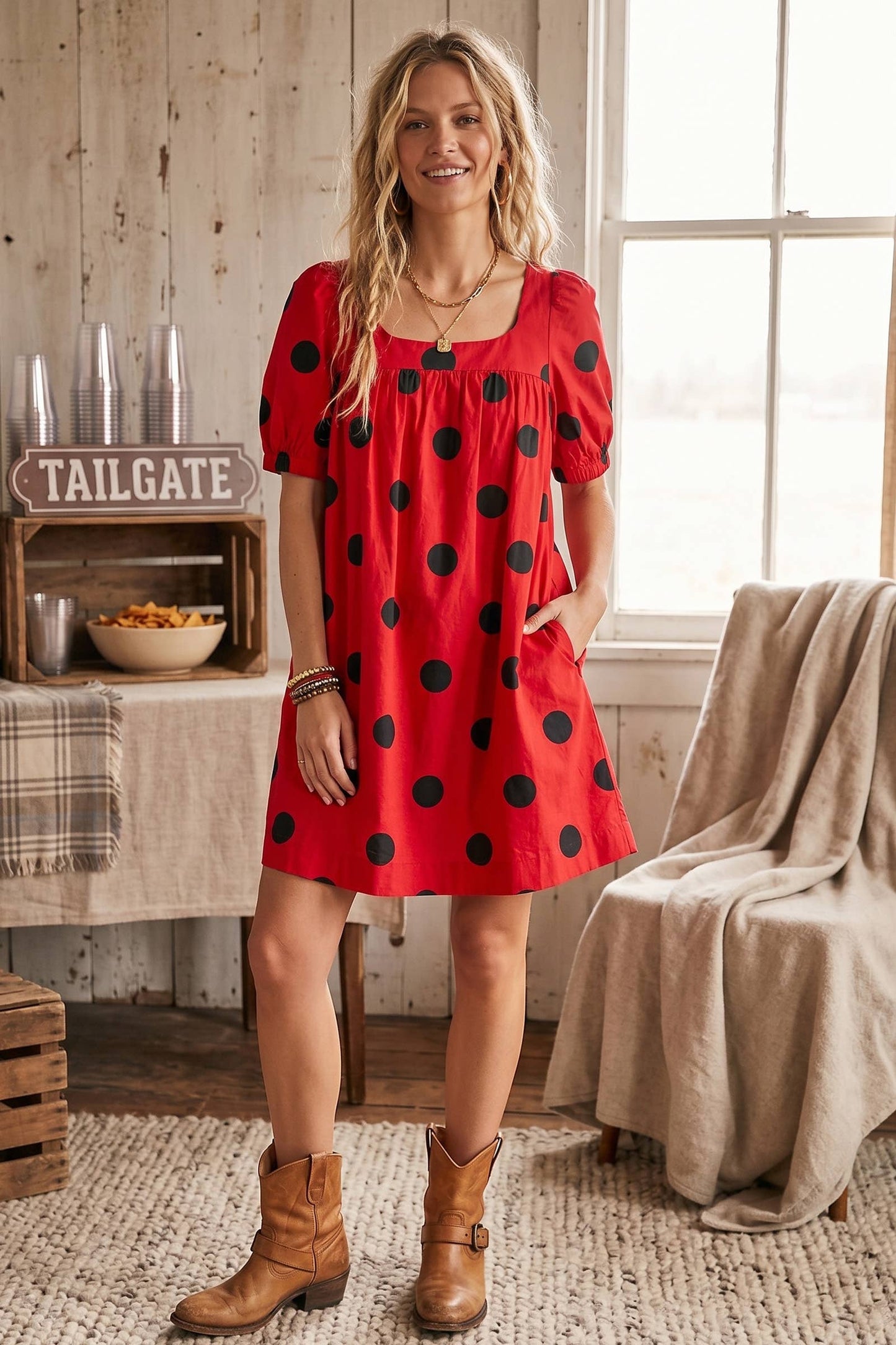 Gameday Polka Dot Puff Sleeve Dress