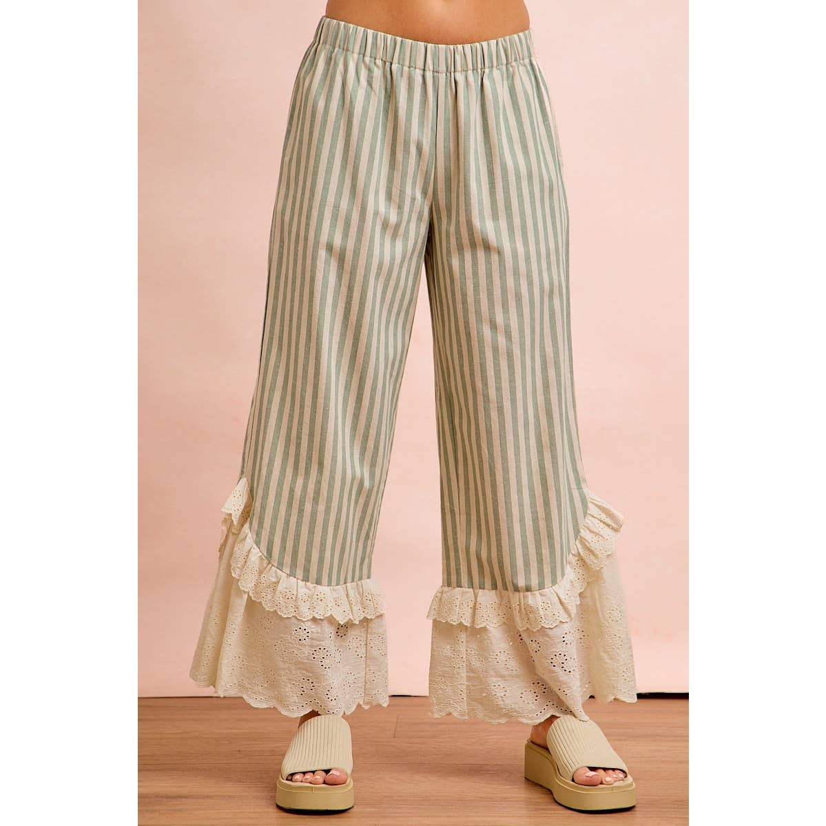 STRIPE WOVEN RUFFLED LACE HEM PANTS WITH SIDE POCKET