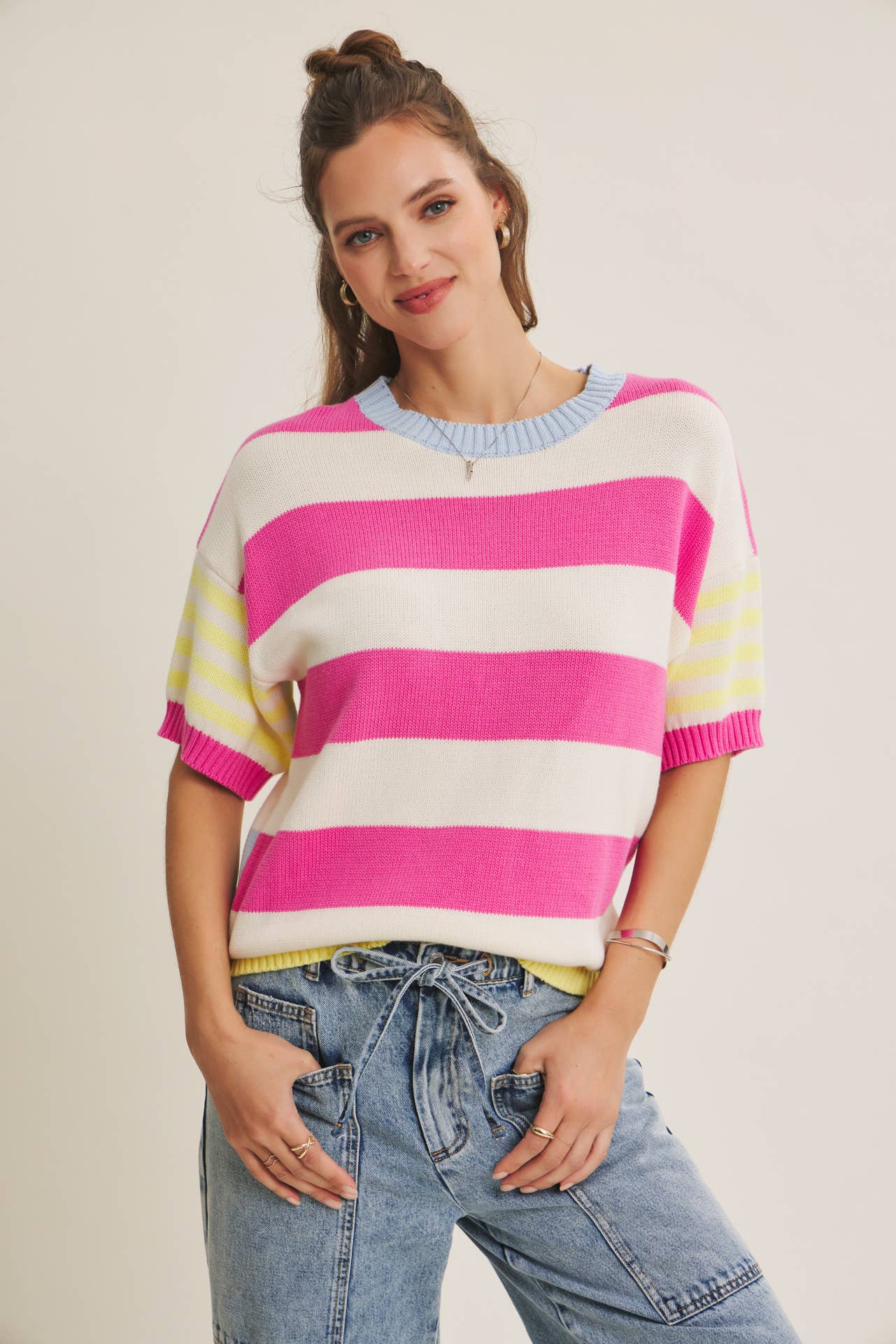 FEEL-GOOD PLAYFUL SUMMER MULTI STRIPE COTTON SWEATER TOP