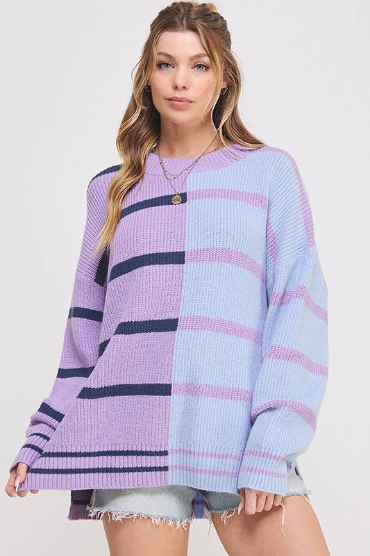 ROUND NECK STRIPED COLOR BLOCK SWEATER