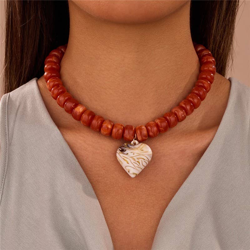 Heart Pendant Resin Beaded Necklaces