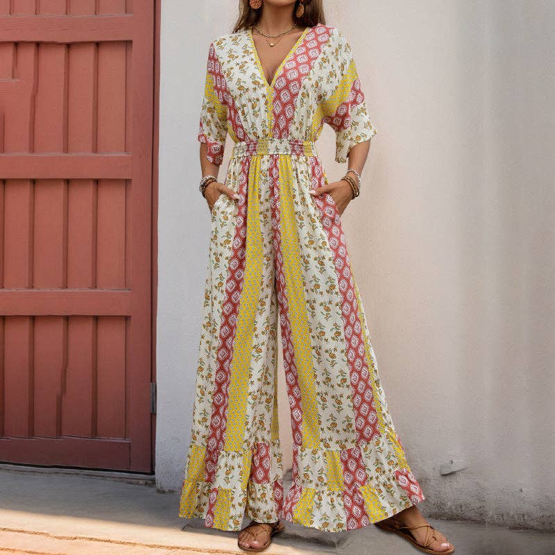Bohemian Print Vintage Waist-Tie Jumpsuit