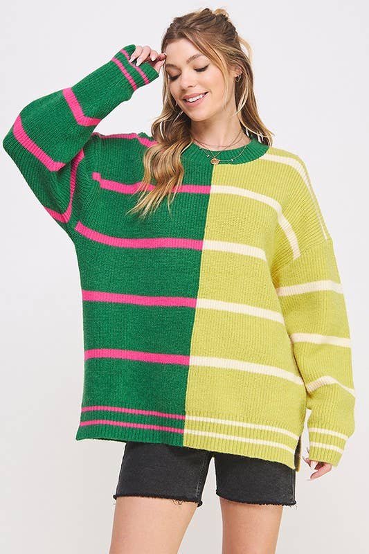 ROUND NECK STRIPED COLOR BLOCK SWEATER