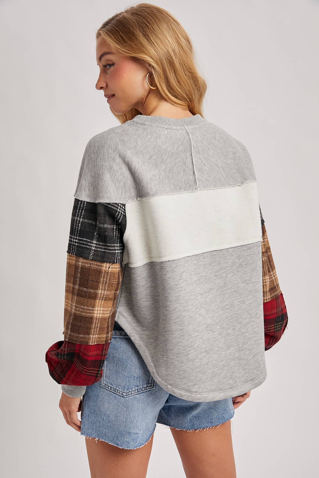 COLOR BLOCK PLAID FLANNEL PATCHED SWEATER
