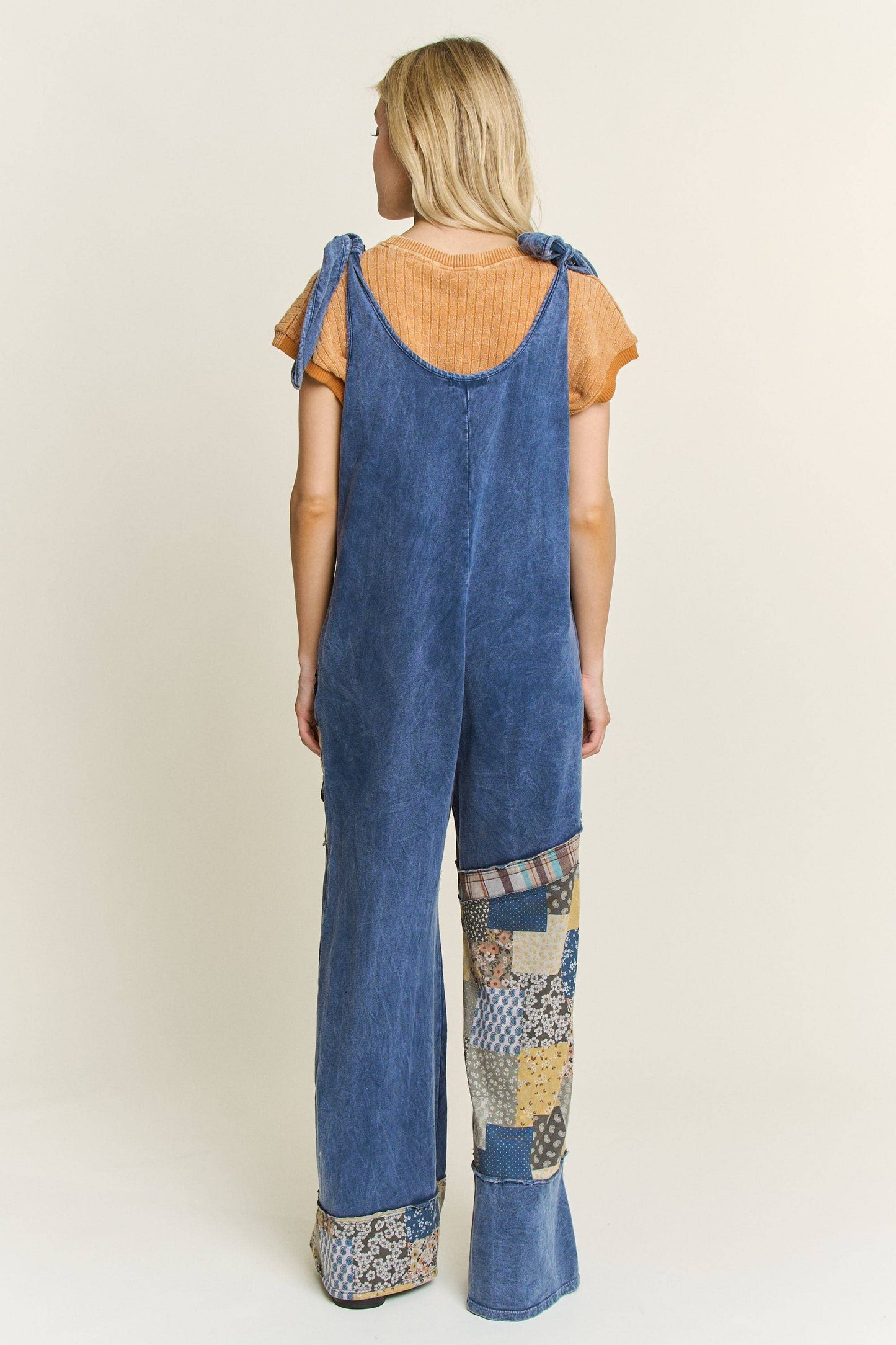 Mineral Washed Daisy Patchwork Tie Jumpsuit