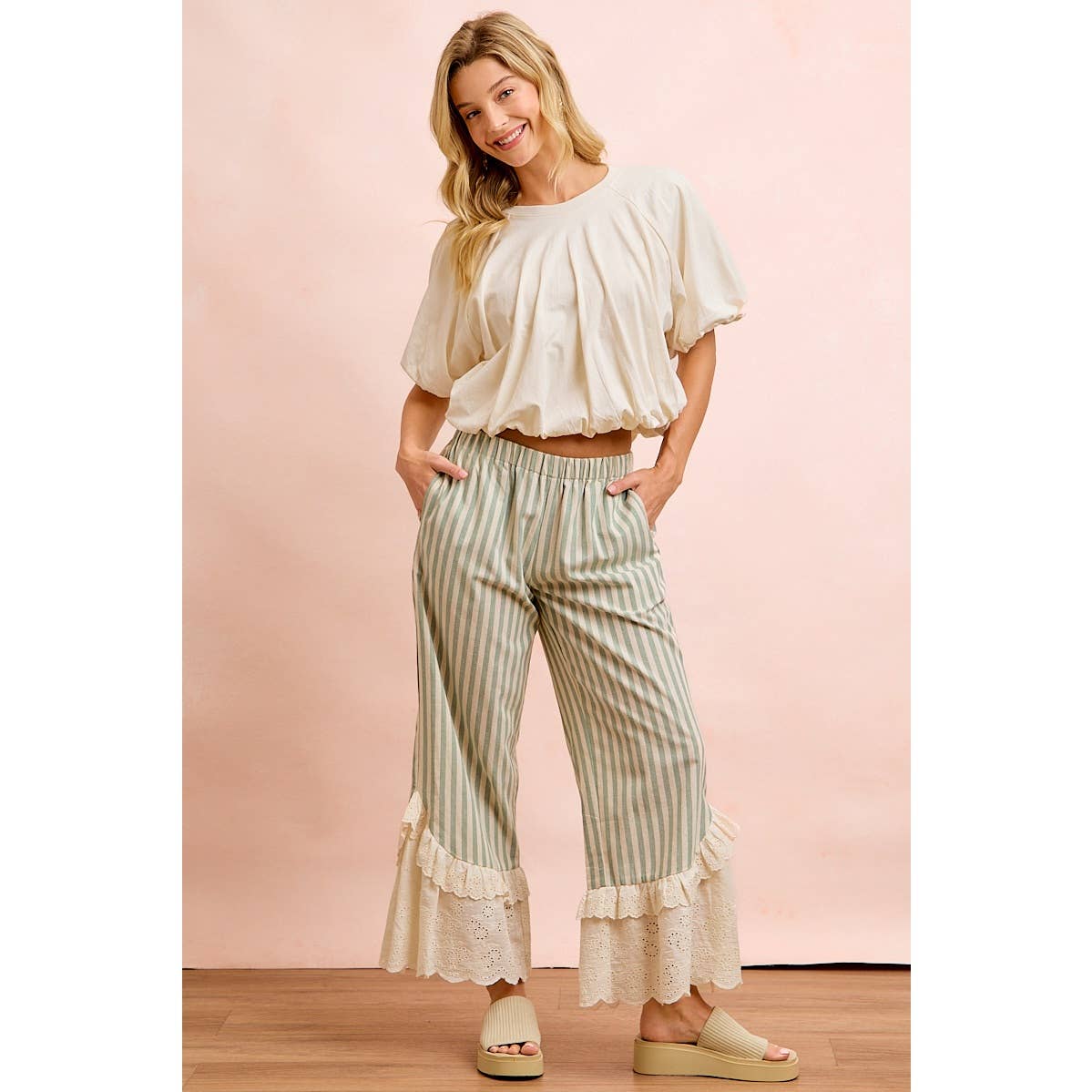 STRIPE WOVEN RUFFLED LACE HEM PANTS WITH SIDE POCKET
