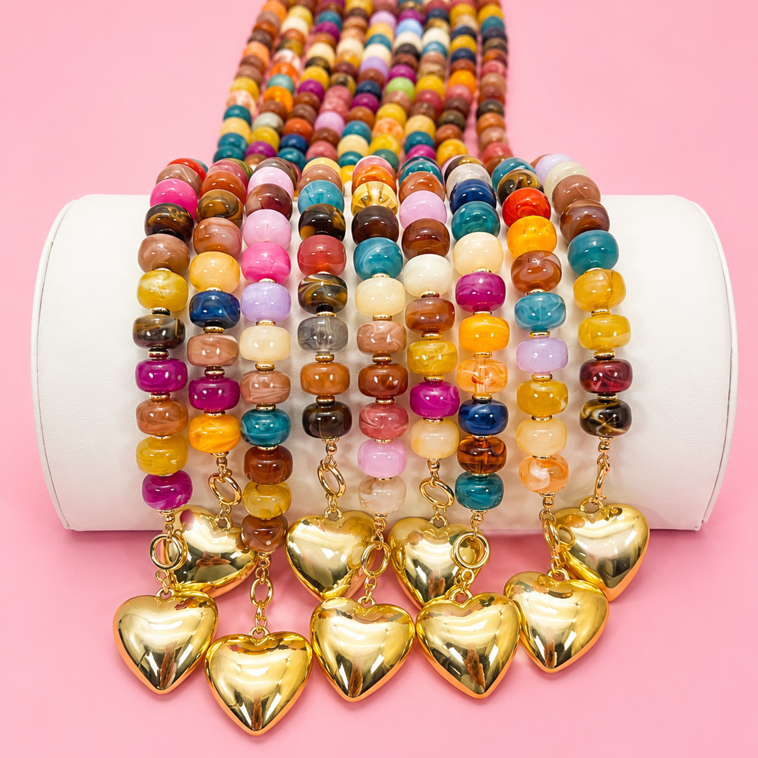 MULTI BEADED HEART CHARM  NECKLACE