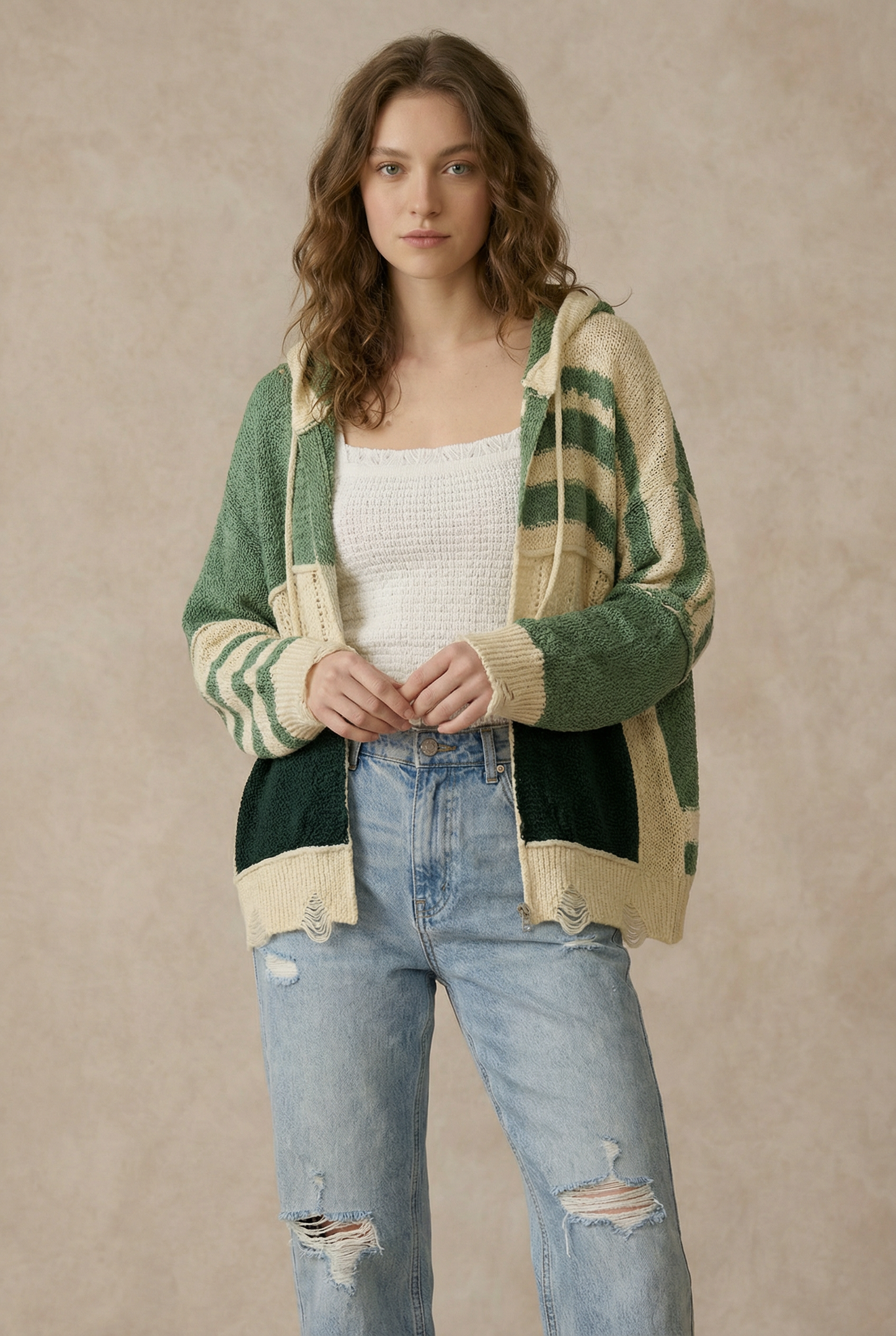 Stripe Distressed Knit Hoodie
